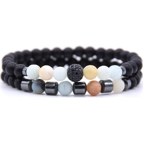 HYHONEY 2PCS/set 6mm beads atural stone Bracelet Pave CZ Ball Charms Bracelets For Women Jewelry Pulseira Pulseras