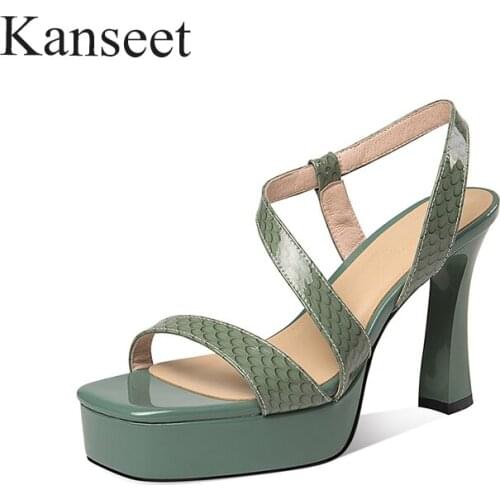 Kanseet High Heels Shoes 2021 Womens Sandals Summer Genuine Leather Sexy Party Office Mature Women Shoes Blue Platform Footwear