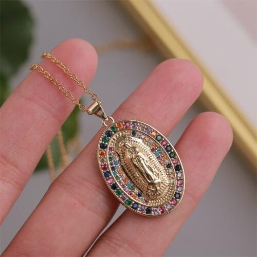 Classic Multicolor Cubic Zirconia Gold Color Copper Metal Virgin Mary Pendant Necklaces For Women Stainless Steel Chain Necklace