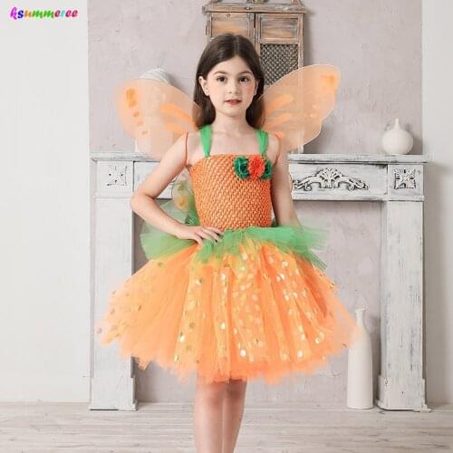 Pumpkin Fairy Halloween Fancy Dress Costume Handmade Glimmer Tulle Girls Tutu Dress with Wing for Carnival Cosplay Party Outfit