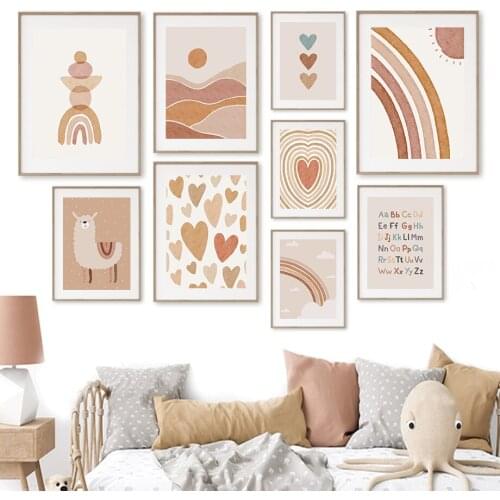 Llamas Sun Rainbow Heart Alphabet Boho Nursery Wall Pictures Baby Kids Room Abstract Wall Art Canvas Painting Posters And Prints