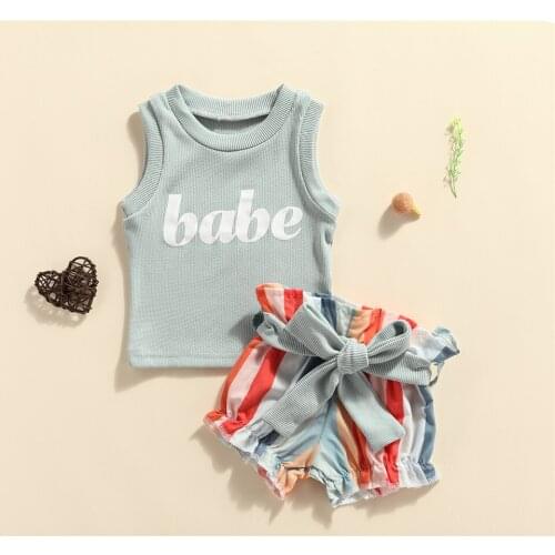 0-24Months Summer Newborn Baby Girls 2Pcs Sets Sleeveless Letter Print Ribbed Tank Top+Bow Belt Vertical Stripes Rainbow Shorts
