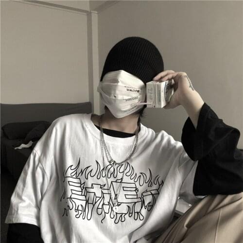 Summer Ulzzang Harajuku Burning Charge Print T Shirt Unisex Short-Sleeved Oversized T-shirt Female Clothing Streetwear Tee Tops