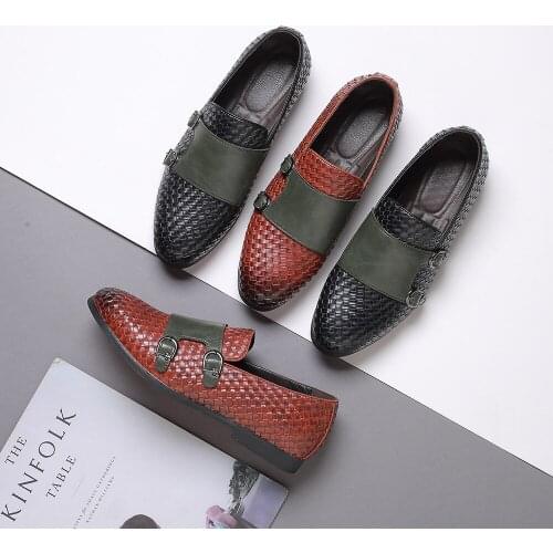 Fashion Man Double Monk Strap Shoes PU Leather Mixed Color Oxford Shoes Formal Slip-on Dress Shoes Mens Casual Loafers
