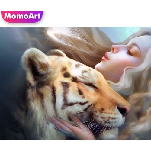 MomoArt Diamond Embroidery Tiger Animal Picture Of Rhinestone Diamond Painting Woman Full Drill Square Mosaic 5D DIY Home Decor