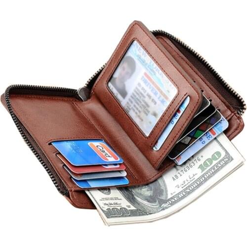 Man Wallet Genuine Leather Men Wallet Zipper Purse Small Mini Business Credit Card Holder Male Money Bag Wallet RFID Blocking
