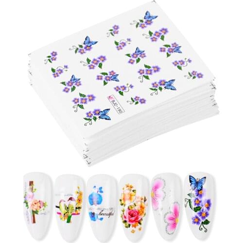55pcs/lot Summer Flower Nail Water Transfer Sticker Rose Leaf Decal Nail Art Decoration Manicure set