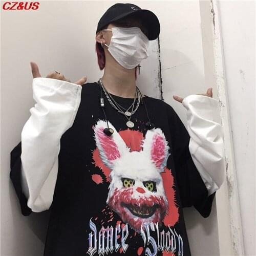Harajuku Hip-Hop Costume Men Women 2021 Autumn New Cartoon printing Fake Two-Piece Long-Sleeved Casual T-Shirts Supersize S-5XL