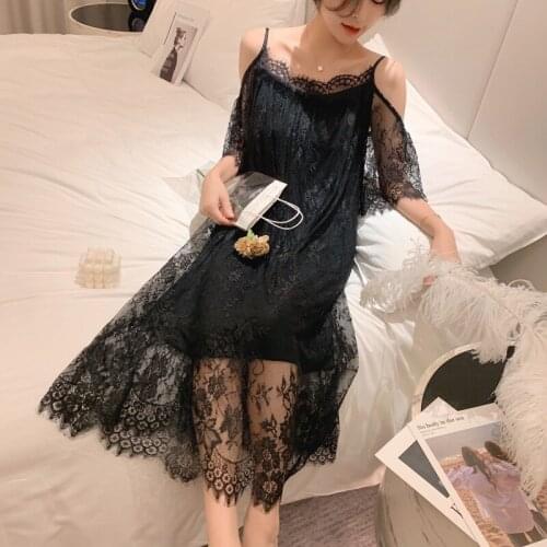 Sexy eyelash Lace Nightdress Ladies Casual Summer Long Sleepshirt Sweet Princess lace Retro palace Nightshirt Loose Homedress