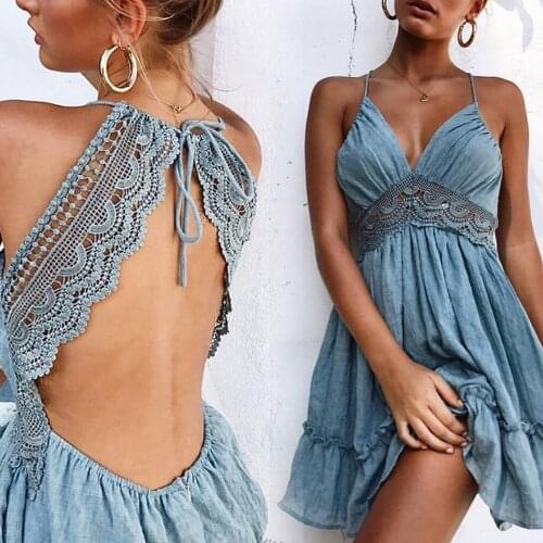 Women Sling Backless Dress 2020 Summer Sexy White Lace Party Mini Dress Fashion V Neck Halter Waist Hollow Boho Beach Sundress