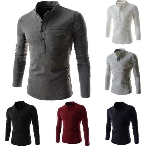 Casual Men Solid Color Long Sleeve Stand Collar Buttons Shirt Bottoming Top hot