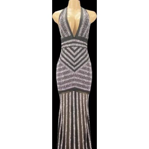 Sexy Black Flashing Silver Rhinestones Dress Evening Long Dress Wedding Birthday Celebrate Mesh Stretch Sleeveless Stage Wear