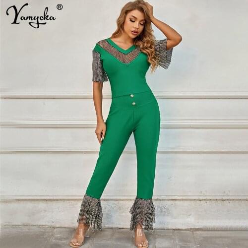 Sexy overalls Green Rhinestone wide leg pants 2 Two piece jumpsuits sets women summer fashion birthday club romper outfits 2021