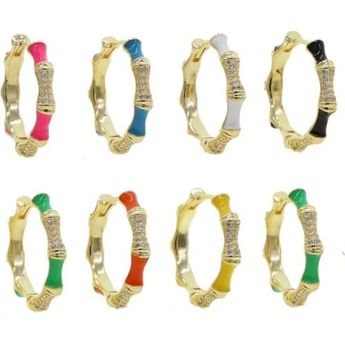 High quality 5A cubic zirconia cz geometric huggie hoops colorful enamel bamboo shape hoop earring for girl
