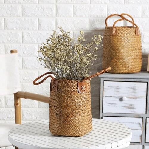 Lavender Vase Woven Sundries Storage Baskets Hanging Flower Basket Babysbreath Potted Flowerpot Home Basket with Handle