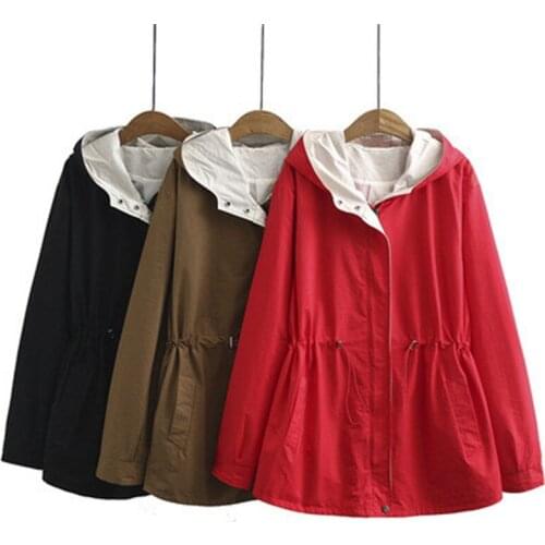 Spring Autumn Windbreakers Female New Korean Drawstring Elastic Waist Hooded Mid Long Outerwear Plus Size 4XL Women Trench Coat