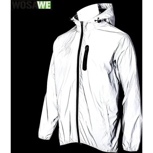 WOSAWE Cycling Sports Spring Full Reflective Hooded Jacket Night Running Windproof Rainproof Breathable Windbreaker Bike Jacket