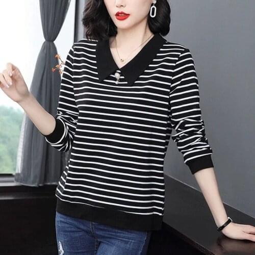 2021 Autumn Spring New Turndown Collar Polyester Long Sleeve Woman T-shirts Fashion Korean Style Striped Oversized t shirt