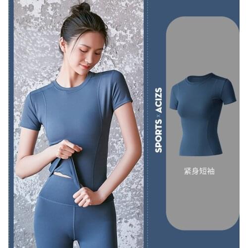 Women Yoga Wear Sports Tshirts Fitness Tight Running Stretch Breathable Quick-Drying Thin Light Soft Slim Short Sleeves