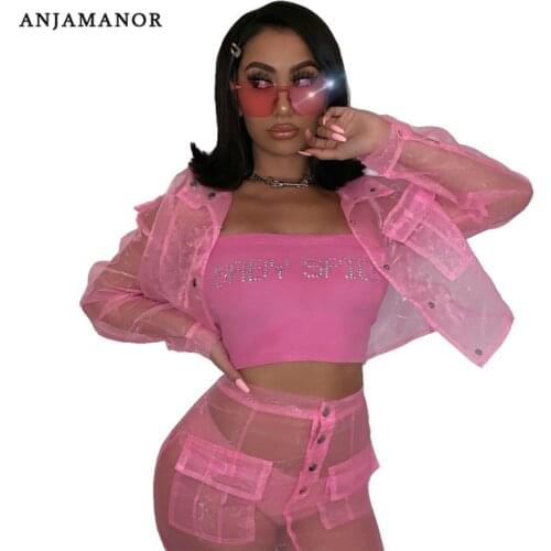 ANJAMANOR Pink Organza Mesh Sexy Two Piece Set Jacket and Skirt Fashion 2020 Club Outfits Cute 2 Pcs Matching Sets D58-DD15