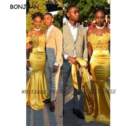 Yellow Lace Evening Dress 2021 Sexy Mermaid Satin Off The Shoulder Floor Length Formal Evening Gown for Women