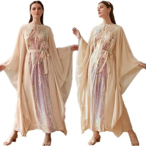 Sequin Robe Kaftan Abaya Dubai Batwing Sleeve Maxi Dress Muslim Women Long Party Gown Jilbab Turkey Islam Prayer Caftan Marocain