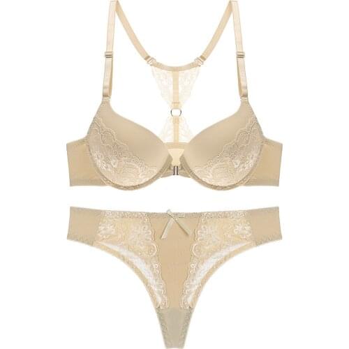 Lightly Lined Women Underwear Solid Bra Thong Sets Sexy Plus Size Lingerie Suit Lace Bra And Panties Female BC Cup Bra