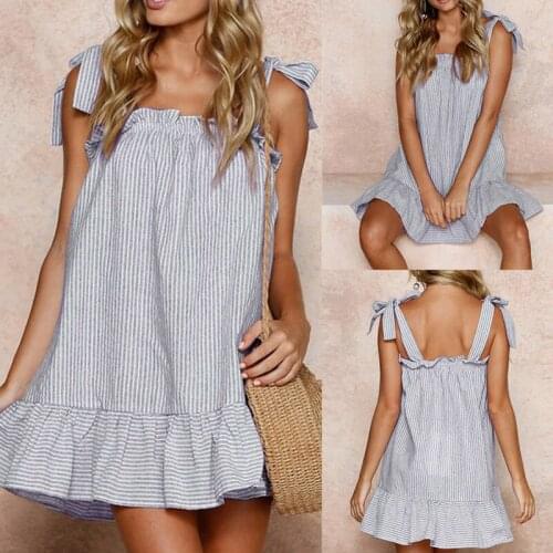 Women Dress Summer Sexy party dress Print Striped Beach Women Clothing Linen Sling Sleeveless Mini Dress 2021