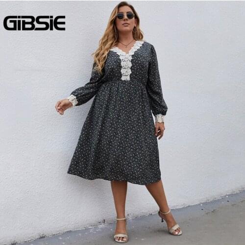 GIBSIE Plus Size V Neck Contrast Lace Floral Print A-Line Dress Women Autumn Vintage Long Sleeve Elegant Midi Dresses 2021 New