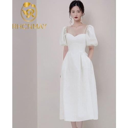 New Fashion 2020 Summer Women White Elegant Dress V neck Puff sleeves Mid-calf Solid Empire Slim Party Dress
