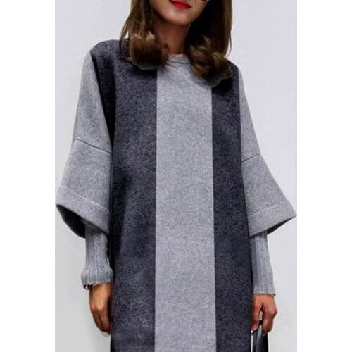 S-4XL Women Autumn Vintage Stripe Long Sleeve Woolen Mini Dress Female New Winter Casual O Neck Loose Elegant Polyester Dress