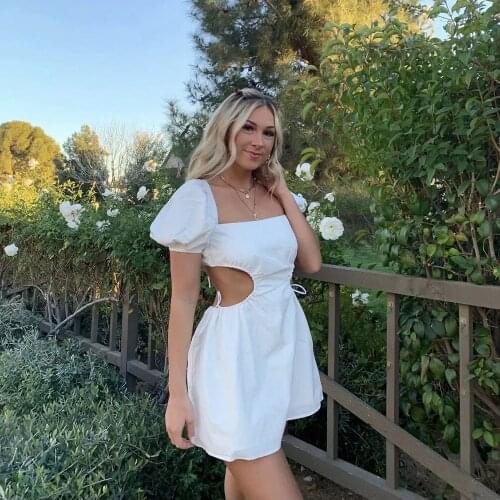 2021 Summer Women White Square Collar French Sexy Backless Mini Dress Ladies Vintage Dresses Female Short Sleeve Fashion Dress