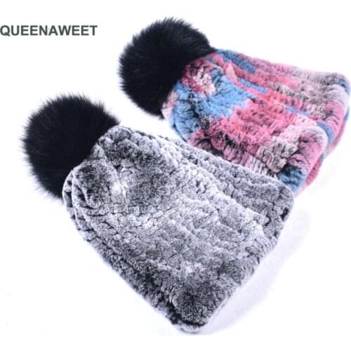 Winter fur hat for women real rex rabbit fur hat with fox fur pom poms fur knitted beanies