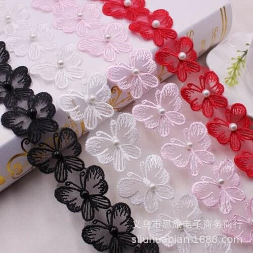 1 yards Butterfly Pattern Embroidered Lace Pearl Decor Organza Satin Ribbons DIY Gift Packaging Sewing Materials