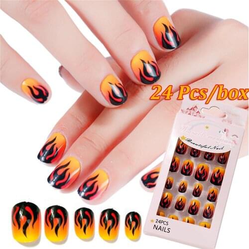 24PCS/Lot New Halloween False Nail Tips Press On Children Flame Full Cover Kid Glue Self Fake Nail Art for Girls Manicure Tips