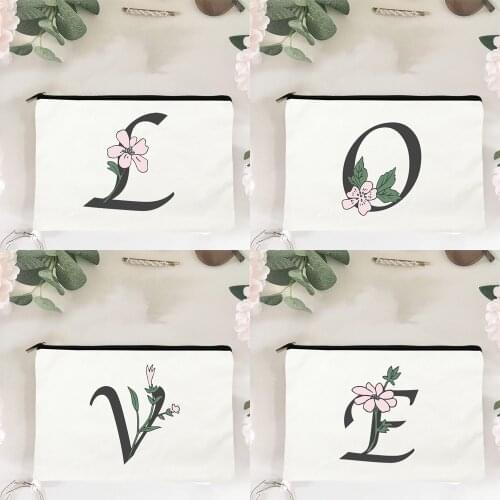 Alphabet Flowers Print Womens White Cosmetic Bag Makeup Zipper Pouch Jewelry Organizer Travel Purse Kawaii Large Toiletry Bags