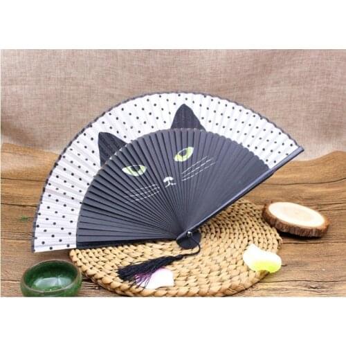 Free Shipping 50pcs 21x38cm Vintage Japanese Bamboo Totoro Silk Hand Fan Cartoon Cat Painted Folding Fan Xmas Christmas Gift