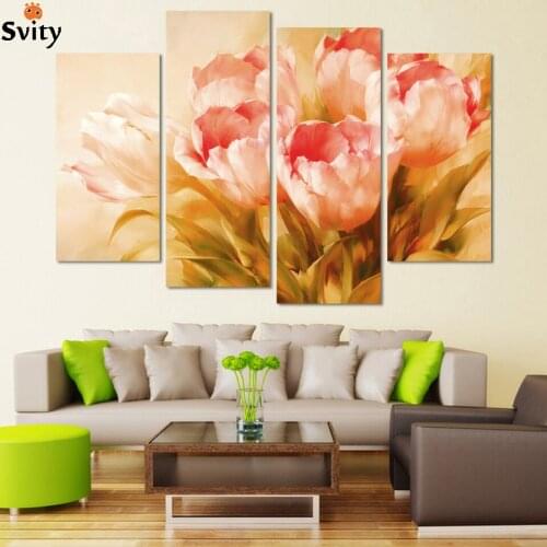 Fashion Free Shipping Hot Sell 4 Panels Modern Wall Painting pink tulip flower Home Decorative Art Picture Paint on Canvas h099