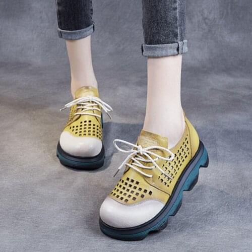 Designer Women Sandals Mixed Colors Retro Genuine Leather Summer Shoes 2021 New Wedges Lace-Up Hollow Concise Platform Sandals