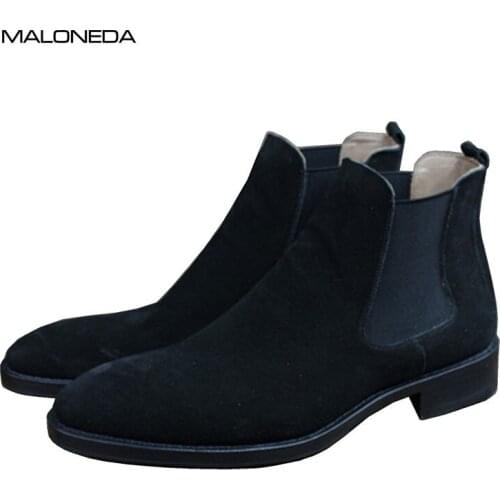 MALONEDE Bespoke High-quality Handmade Goodyear Ankle Chelsea Boots Slip on Genuine Cow Suede Leather for Male Casual Footwear