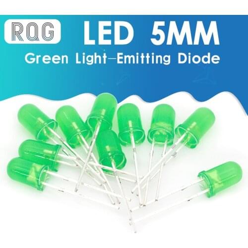 100PCS 5mm Diffused Green LED Diode DIP Round Wide Angle Through Hole 2 Pin LED Light Emitting Diode Lamp 520-535NM 1.8-2.0V