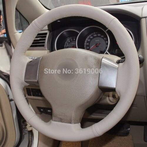 For Nissan Old Tiida Livina Sylphy Note Hand-stitched Anti-Slip Beige Leather Beige Thread DIY Steering Wheel Cover