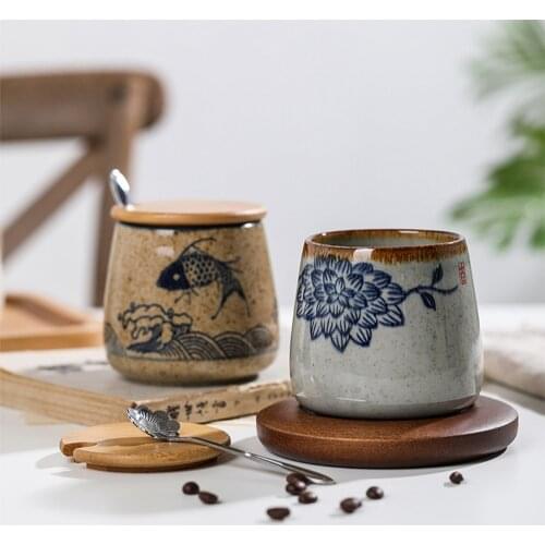 Coffee Mug Unique Japanese Style Ceramic Retro Cups Creative Vintage Gift for Friends Fathers With Lid Spoon Breakfast Cup Set