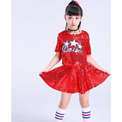 Short Sleeves Modern Jazz Dance Costume Set For Girls Ballroom Party Sequined Jazz DanceWear 2Pcs Top Shirt And Skirt