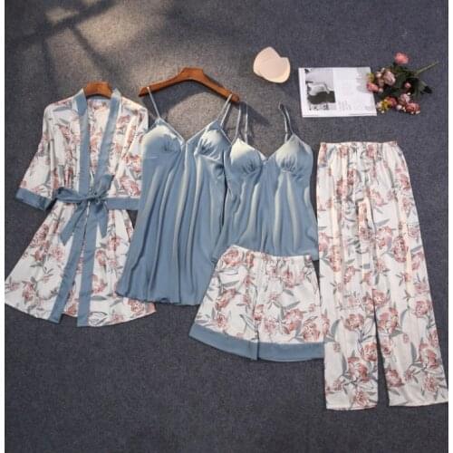 5 piece set sleepwear homewear women top+robe+trousers+sleepshirt pijimas set