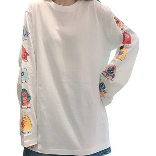 Summer Student Casual Women T Shirt Harajuku Print Image Cartoons Little Cute Long Sleeves Girl Tees White O-Neck Tops Female