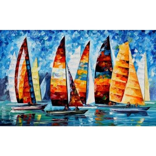 Boats Modern paintings with Palette knife art oil on Canvas sail regatta Handmade high quality