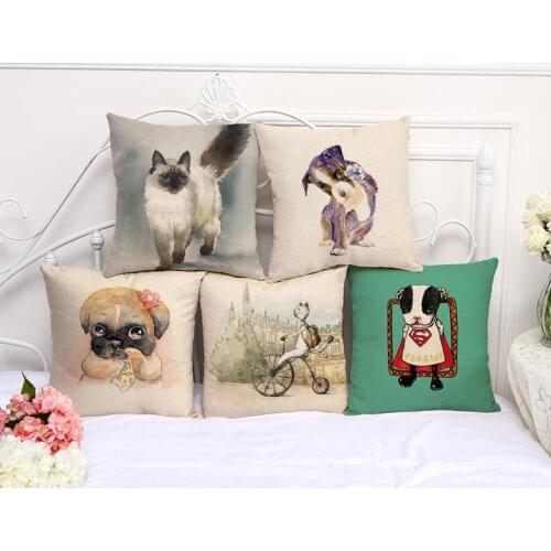Cute Pet Cat Dog Cushion Cover Cotton Linen Decorative Pillowcase Chair Seat Square 45x45cm Pillow Cover Home Living Textile