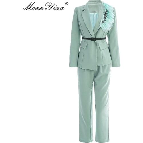 MoaaYina Fashion Designer Suit Spring Autumn Women Long sleeve Crystal Suit Tops+3/4 pants Two-piece set