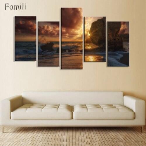 5Pieces Printed sunset Seascape modular picture sea waves beach canvas painting scenery landscape for living room home wall art